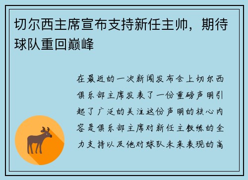 切尔西主席宣布支持新任主帅，期待球队重回巅峰