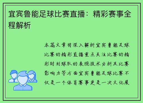 宜宾鲁能足球比赛直播：精彩赛事全程解析